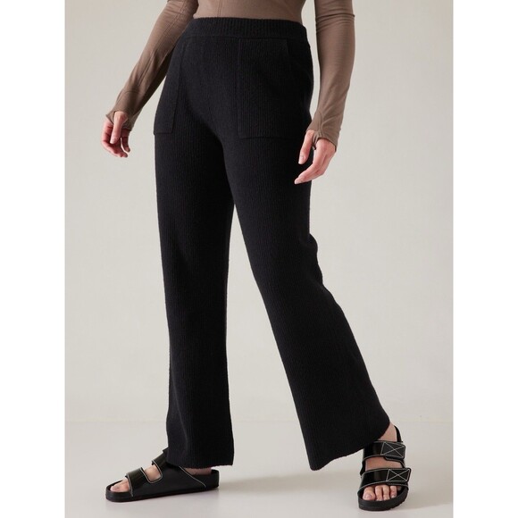 Athleta Rib Knit Cozy Lounge Pant Black Cotton Cashmere Blend Wide Leg M NWT - Picture 2 of 9